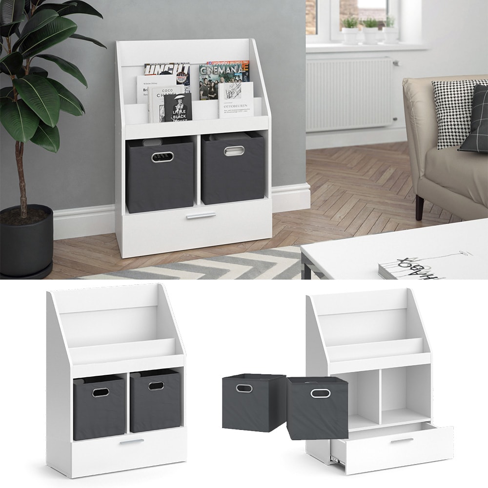 Vicco B&uuml;cherregal Luigi 72 x 96,2 cm, Wei&szlig;, Wohnzimmerregal, mit Faltboxen, modern - Bild 1