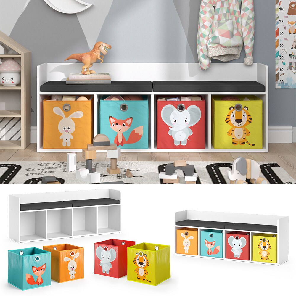 Vicco Sitzbank Kinderzimmerbank Kinderregal Luigi Weiß 142x53 cm modern Faltbox Kinderzimmer Regal Aufbewahrungsregal Bücherregal Lesebank Spielzeugaufbewahrung Organizer Regal-Bank-Kombi 4 Fächer