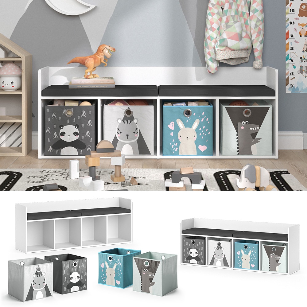 Vicco Sitzbank Kinderzimmerbank Kinderregal Luigi Wei&szlig; 142x53 cm modern Faltbox Kinderzimmer Regal Aufbewahrungsregal B&uuml;cherregal Lesebank Spielzeugaufbewahrung Organizer Regal-Bank-Kombi 4 F&auml;cher - Bild 1