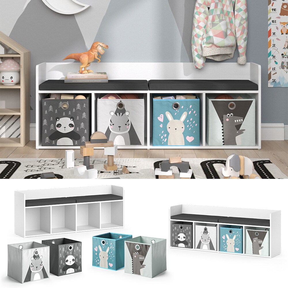 Vicco Sitzbank Kinderzimmerbank Kinderregal Luigi Weiß 142×53 cm modern Faltbox Kinderzimmer Regal Aufbewahrungsregal Bücherregal Lesebank Spielzeugaufbewahrung Organizer Regal-Bank-Kombi 4 Fächer | 04066731227013
