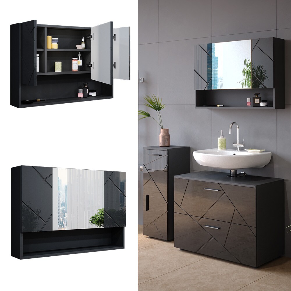 Vicco Spiegelschrank Badspiegel Wandspiegel Irma Anthrazit Hochglanz 80 cm modern Badezimmer Spiegel Badezimmerschrank Badezimmermöbel Spiegeltür Schranktür Hängeschrank Einlegeboden Regal Ablage