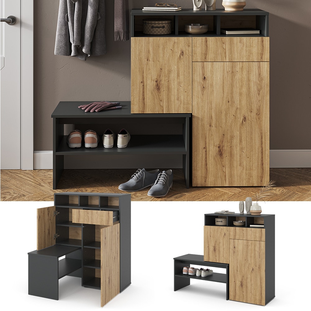 Vicco Schuhregal Flurregal Schuhschrank Selena Anthrazit Eiche 125x102 Sitzbank modern Flur Schrank Schuheckschrank Schuhorganizer Schuhablage Flurm&ouml;bel Schrankt&uuml;r Schrankschublade Schrankfach - Bild 1