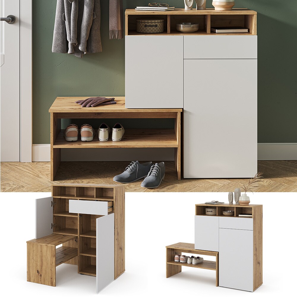Vicco Schuhregal Flurregal Schuhschrank Selena Eiche Wei&szlig; 125x102 Sitzbank modern Flur Schrank Schuheckschrank Schuhorganizer Schuhablage Flurm&ouml;bel Schrankt&uuml;r Schrankschublade Schrankfach - Bild 1