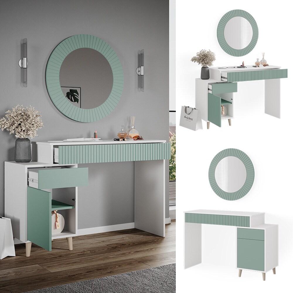 Vicco Schminktisch Frisiertisch Kosmetiktisch Arles Wei&szlig; Mintgr&uuml;n Schminkspiegel 120x77 cm Skandi Schlafzimmerkommode Schminkkommode Schublade Ablage Aufbewahrung Frisierkommode Make-Up-Tisch - Bild 1