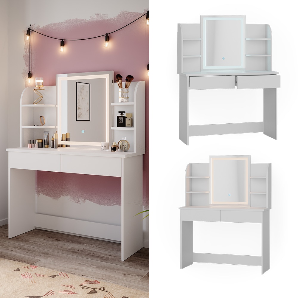 Vicco Schminktisch Frisiertisch Schminkkommode Charlotte Wei&szlig; LED-Spiegel 106x142 cm modern Schlafzimmer Kommode Schublade Ablage Aufbewahrung Kosmetiktisch Schminkkonsole Make-Up-Tisch - Bild 1