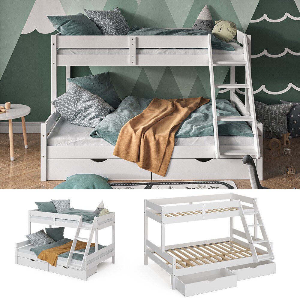 VitaliSpa Hochbett Kinderbett Spielbett Everest Weiß modern 140x200 Massivholz Kinderzimmer Bett Lattenrost Bettleiter Kletterbett Doppelbett Geschwisterbett Bettschublade Rollschublade