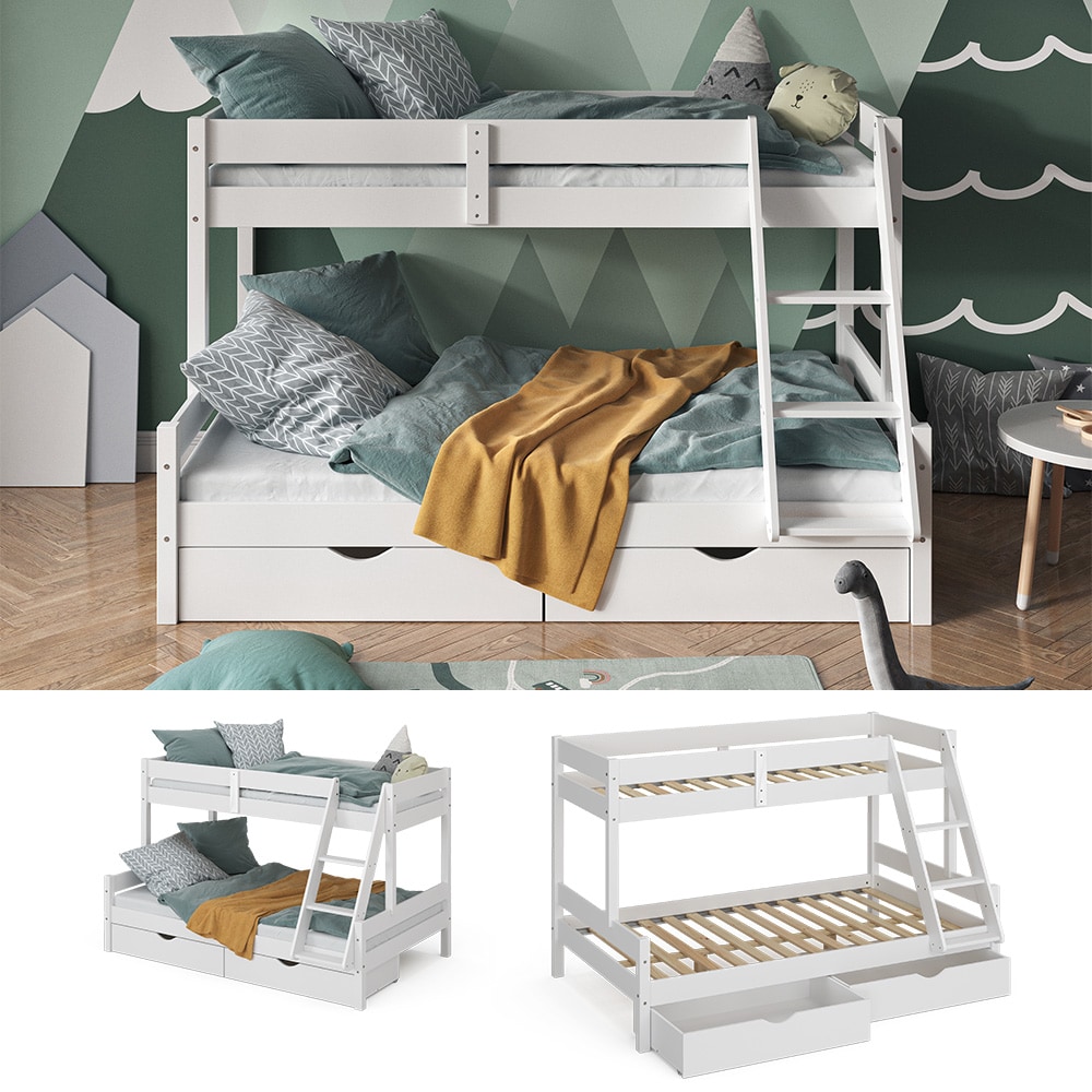 VitaliSpa Hochbett Kinderbett Spielbett Everest Wei&szlig; modern 120x200 Massivholz Kinderzimmer Bett Lattenrost Bettleiter Kletterbett Doppelbett Geschwisterbett Bettschublade Rollschublade - Bild 1