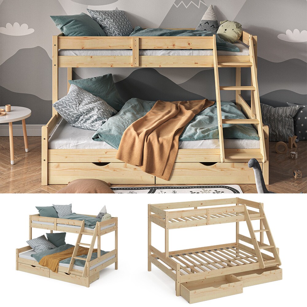 VitaliSpa Hochbett Kinderbett Spielbett Everest Natur modern 140x200 Massivholz Kinderzimmer Bett Lattenrost Bettleiter Kletterbett Doppelbett Geschwisterbett Bettschublade Rollschublade - Bild 1