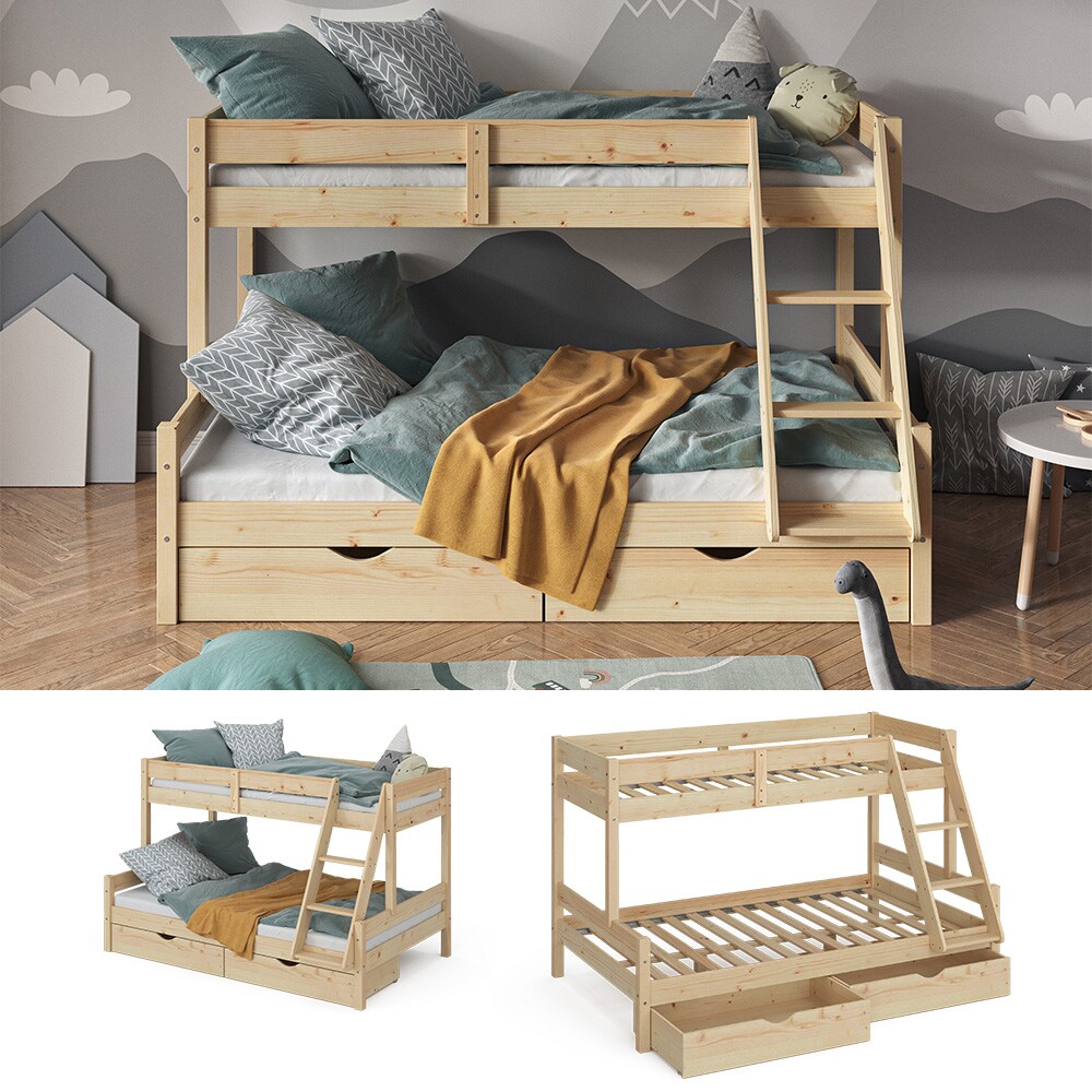 VitaliSpa Hochbett Kinderbett Spielbett Everest Natur modern 120x200 Massivholz Kinderzimmer Bett Lattenrost Bettleiter Kletterbett Doppelbett Geschwisterbett Bettschublade Rollschublade