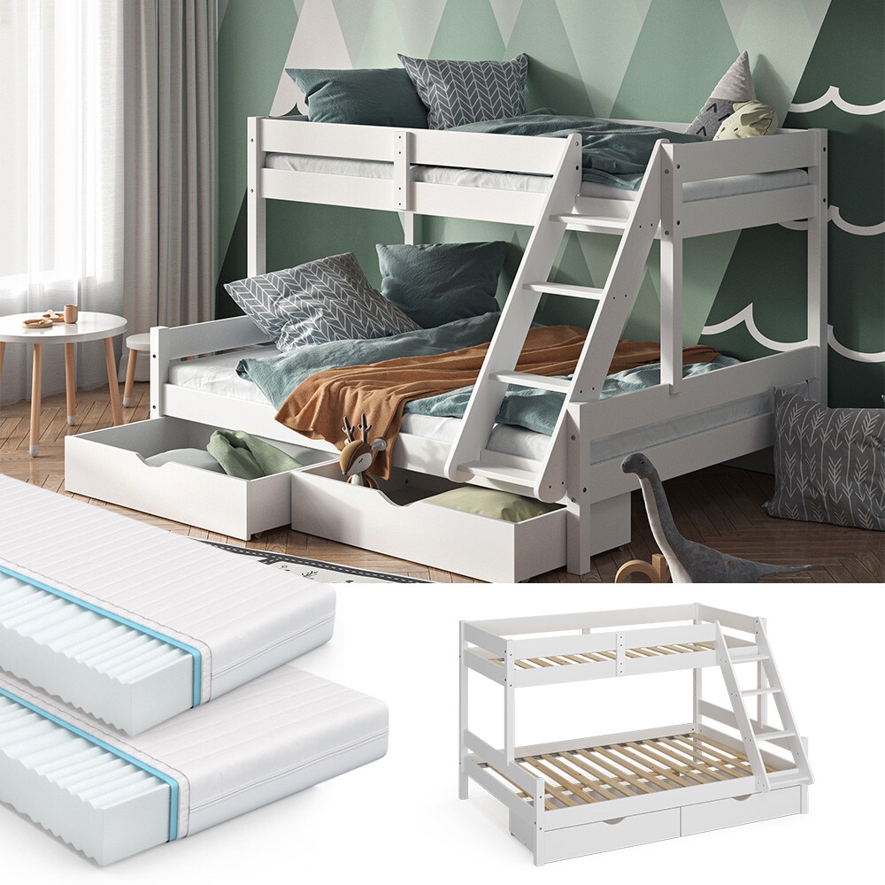 VitaliSpa Hochbett Kinderbett Spielbett Everest Weiß modern 140×200 Massivholz Kinderzimmer Bett Lattenrost Bettleiter Kletterbett Doppelbett Geschwisterbett Bettschublade Rollschublade Matratze | 04066731227358