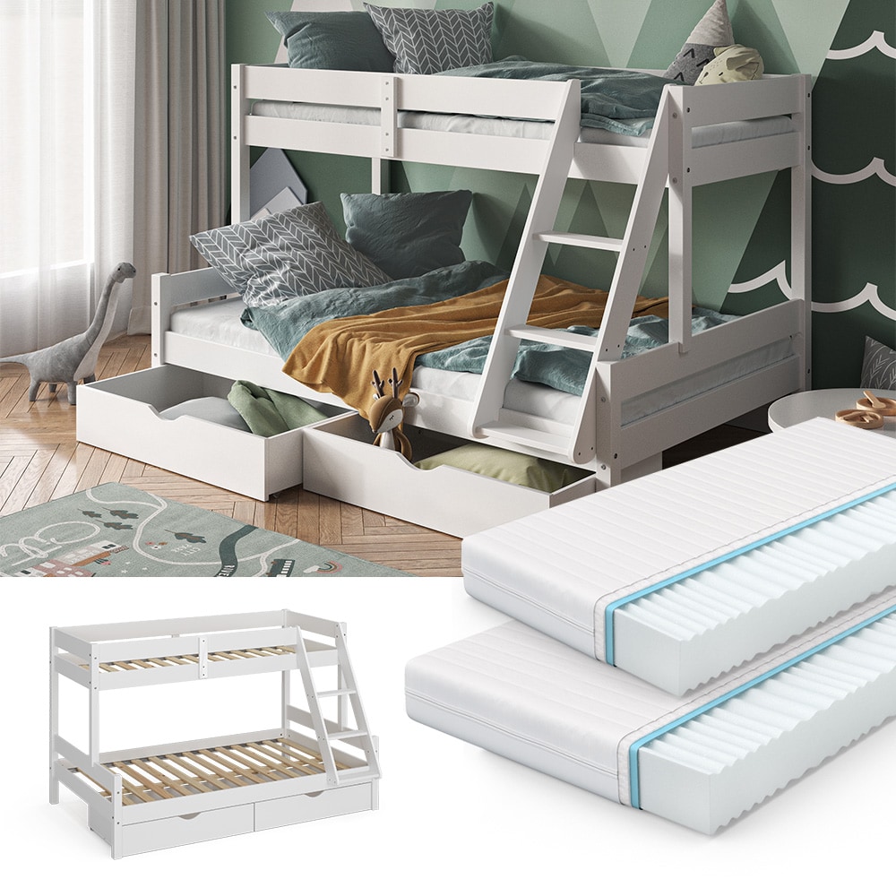 VitaliSpa Hochbett Kinderbett Spielbett Everest Wei&szlig; modern 120x200 Massivholz Kinderzimmer Bett Lattenrost Bettleiter Kletterbett Doppelbett Geschwisterbett Bettschublade Rollschublade Matratze - Bild 1