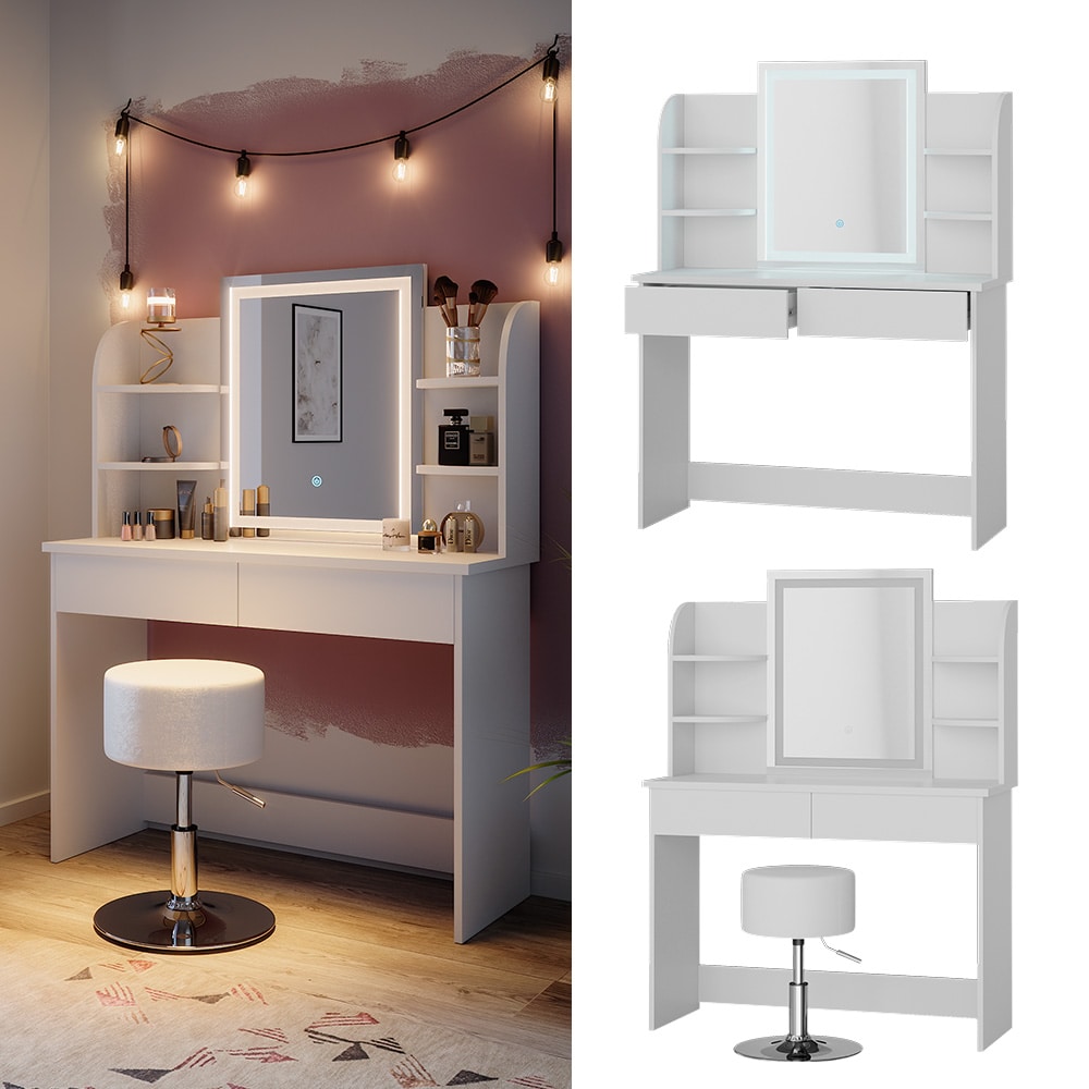 Vicco Schminktisch Frisiertisch Schminkkommode Charlotte Wei&szlig; LED-Spiegel Hocker 106x142 cm modern Schlafzimmer Kommode Schublade Ablage Aufbewahrung Kosmetiktisch Schminkkonsole Make-Up-Tisch - Bild 1