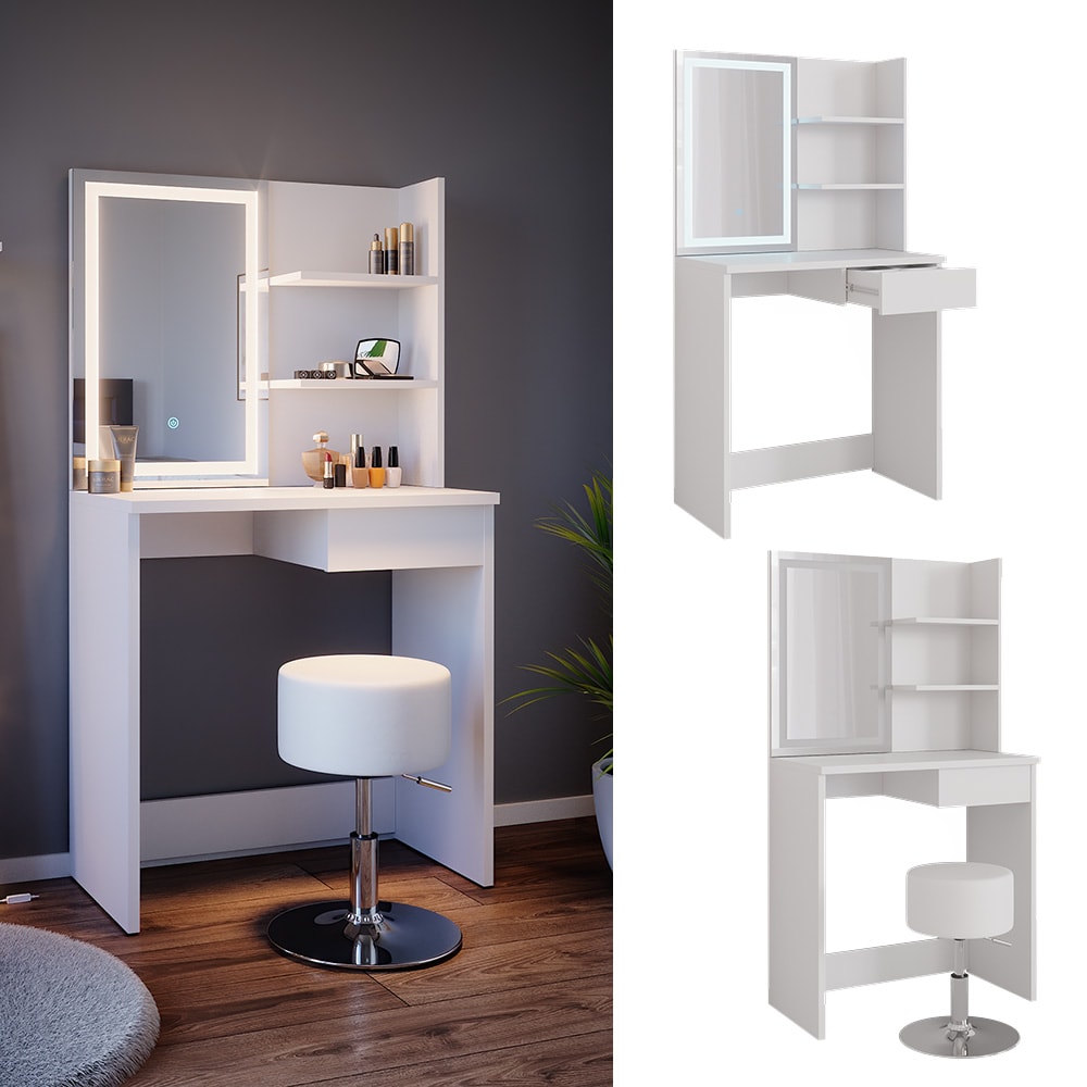 Vicco Schminktisch Frisiertisch Schminkkommode Dekos Wei&szlig; LED-Spiegel Hocker 75x142 cm modern Schlafzimmer Kommode Schublade Ablage Aufbewahrung Kosmetiktisch Schminkkonsole Make-Up-Tisch - Bild 1
