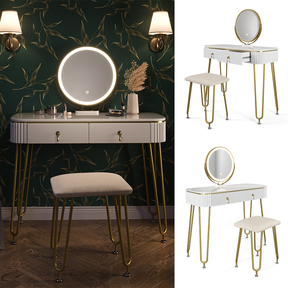 Vicco Schminktisch Frisiertisch Schminkkommode Grace Wei&szlig; Hochglanz LED-Spiegel Hocker 100x126 cm modern Schlafzimmer Kommode Schublade Ablage Aufbewahrung Kosmetiktisch Schminkkonsole Make-Up-Tisch - Bild 1