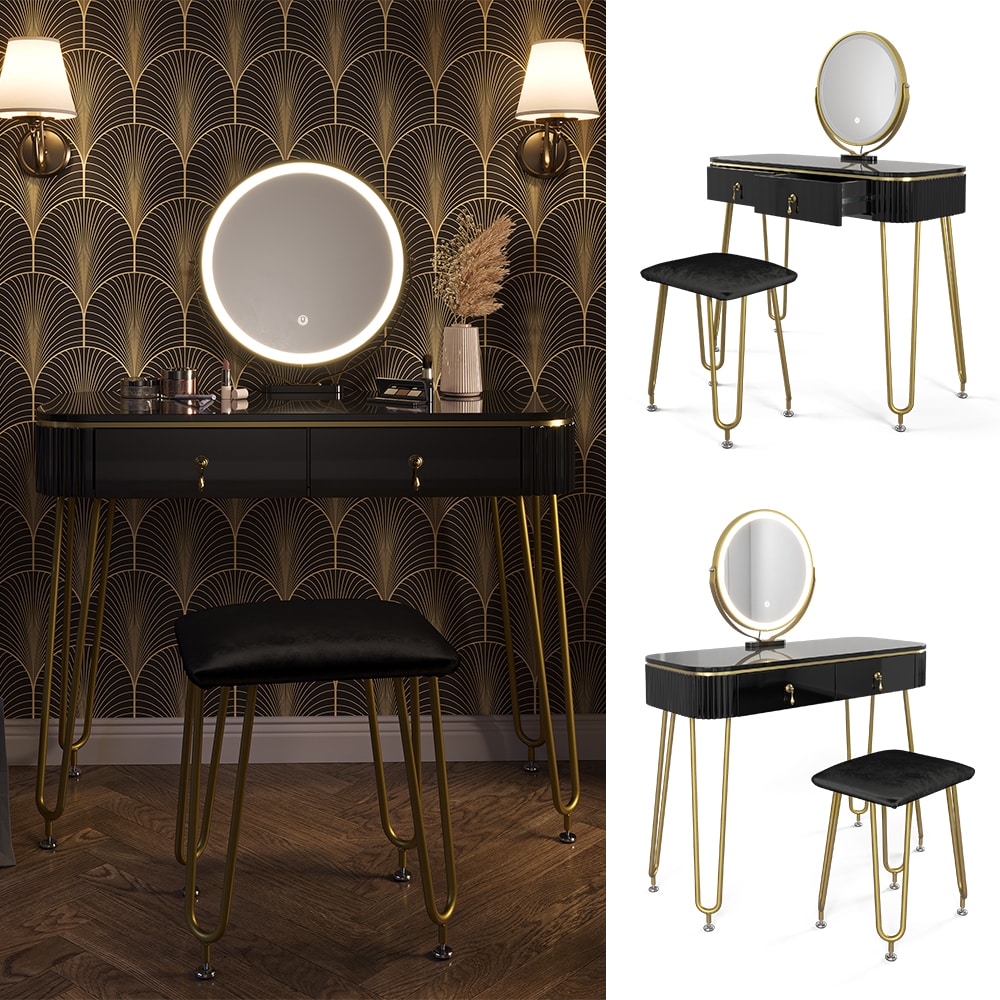 Vicco Schminktisch Frisiertisch Schminkkommode Grace Schwarz Hochglanz LED-Spiegel Hocker 100x126 cm modern Schlafzimmer Kommode Schublade Ablage Aufbewahrung Kosmetiktisch Schminkkonsole Make-Up-Tisch - Bild 1