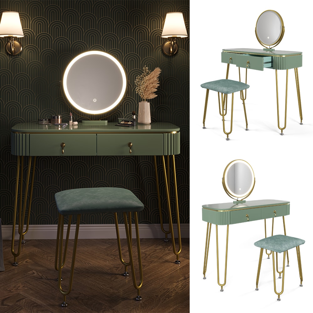 Vicco Schminktisch Frisiertisch Schminkkommode Grace Hellgr&uuml;n Hochglanz LED-Spiegel Hocker 100x126 cm modern Schlafzimmer Kommode Schublade Ablage Aufbewahrung Kosmetiktisch Schminkkonsole Make-Up-Tisch - Bild 1