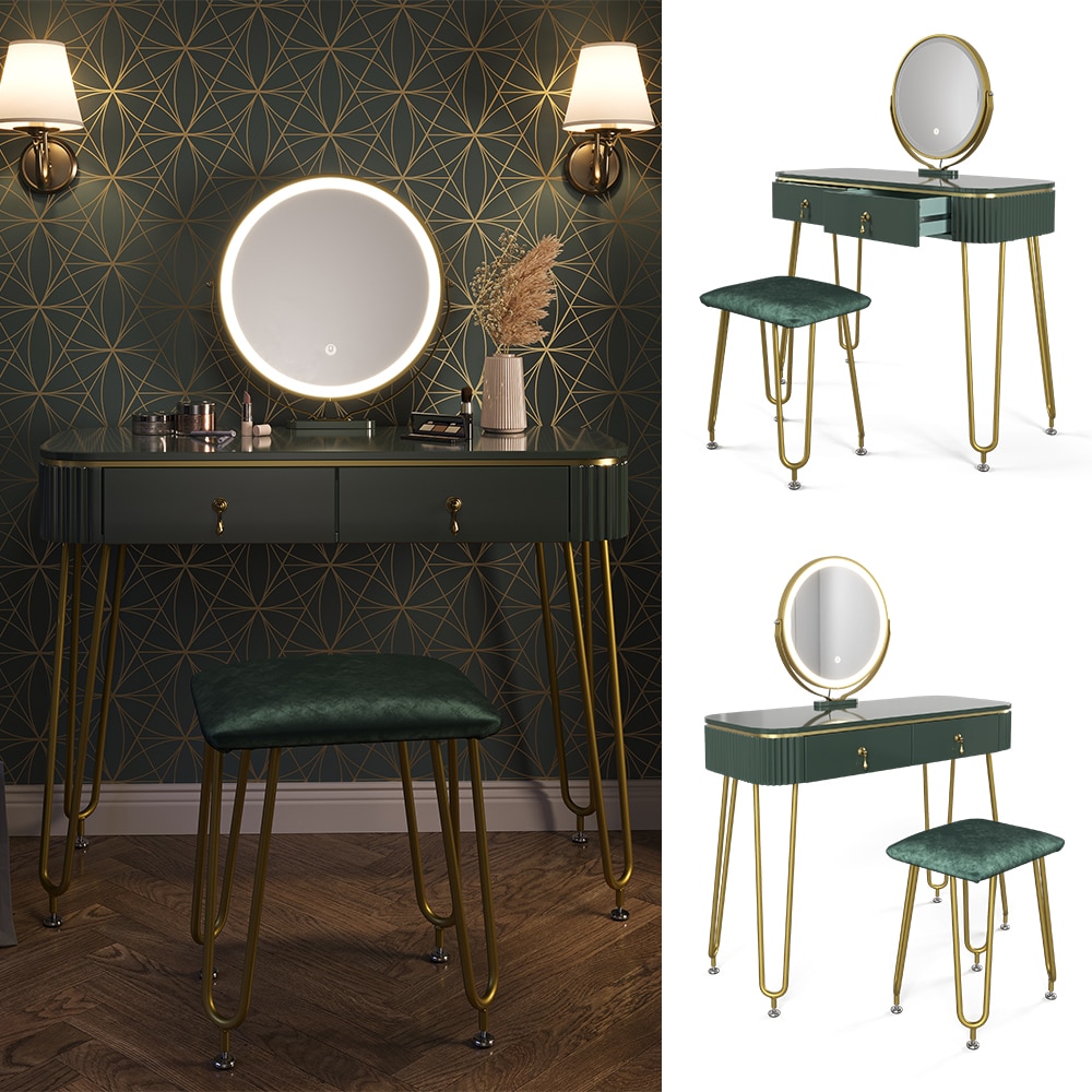 Vicco Schminktisch Frisiertisch Schminkkommode Grace Dunkelgr&uuml;n Hochglanz LED-Spiegel Hocker 100x126 cm modern Schlafzimmer Kommode Schublade Ablage Aufbewahrung Kosmetiktisch Schminkkonsole Make-Up-Tisch - Bild 1