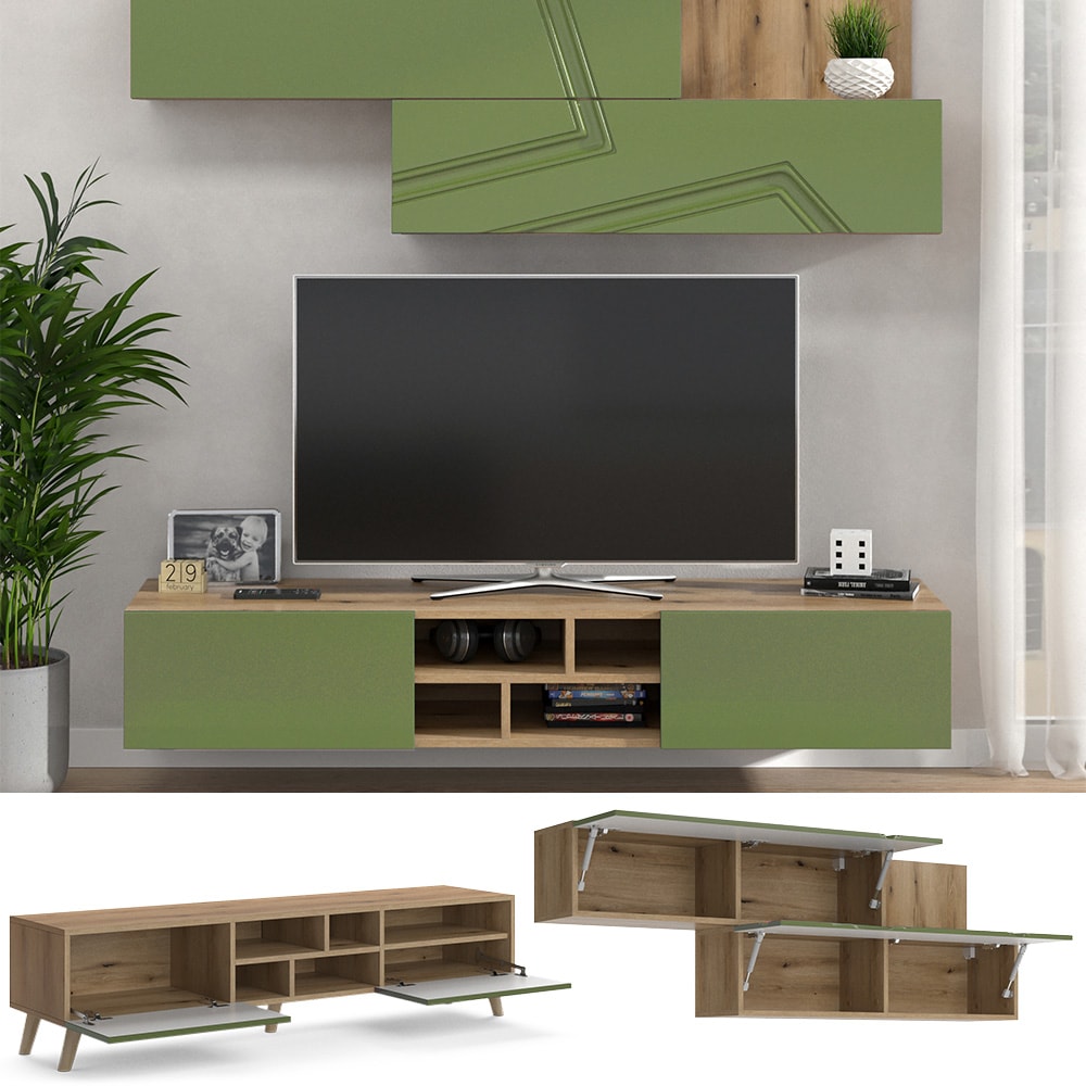 Vicco Wohnwand Lowboard H&auml;ngeschrank Jesse Eiche Gr&uuml;n 150x50 150x37 modern Wohnzimmer Schrank Wohnzimmerm&ouml;bel Fernsehregal Klappt&uuml;r Schrankfach M&ouml;belset - Bild 1