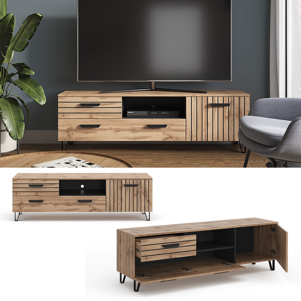 Vicco Lowboard TV-Regal Fernsehregal Amber Eiche 150x49 cm modern Wohnzimmer Regal TV-Tisch Fernsehtisch Wohnzimmertisch Ablage Klappt&uuml;r Schrankt&uuml;r Schrankfach Fernseher Holz-Optik - Bild 1