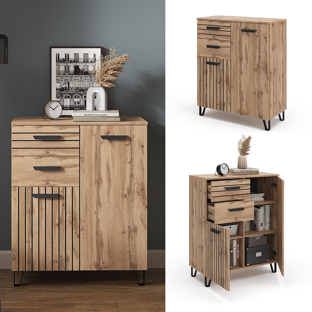 Vicco Kommode Mehrzweckschrank Universalschrank Amber Eiche 80x100 cm modern Wohnzimmer Schrank Flurschrank Schlafzimmerschrank Ablage Schrankschublade Schrankt&uuml;r Schrankfach Aufbewahrung - Bild 1