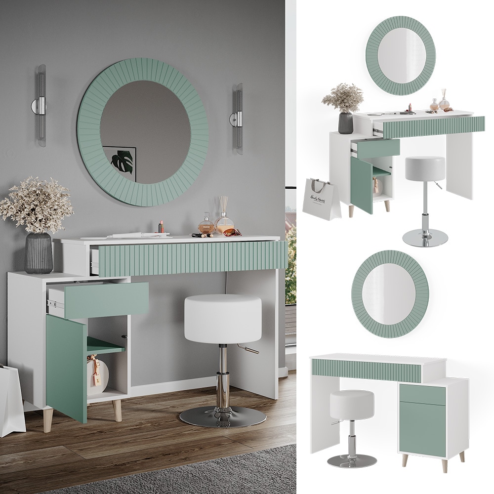 Vicco Schminktisch Frisiertisch Kosmetiktisch Arles Wei&szlig; Mintgr&uuml;n Schminkspiegel Hocker 120x77 cm Skandi Schlafzimmerkommode Schminkkommode Schublade Ablage Aufbewahrung Frisierkommode Make-Up-Tisch - Bild 1