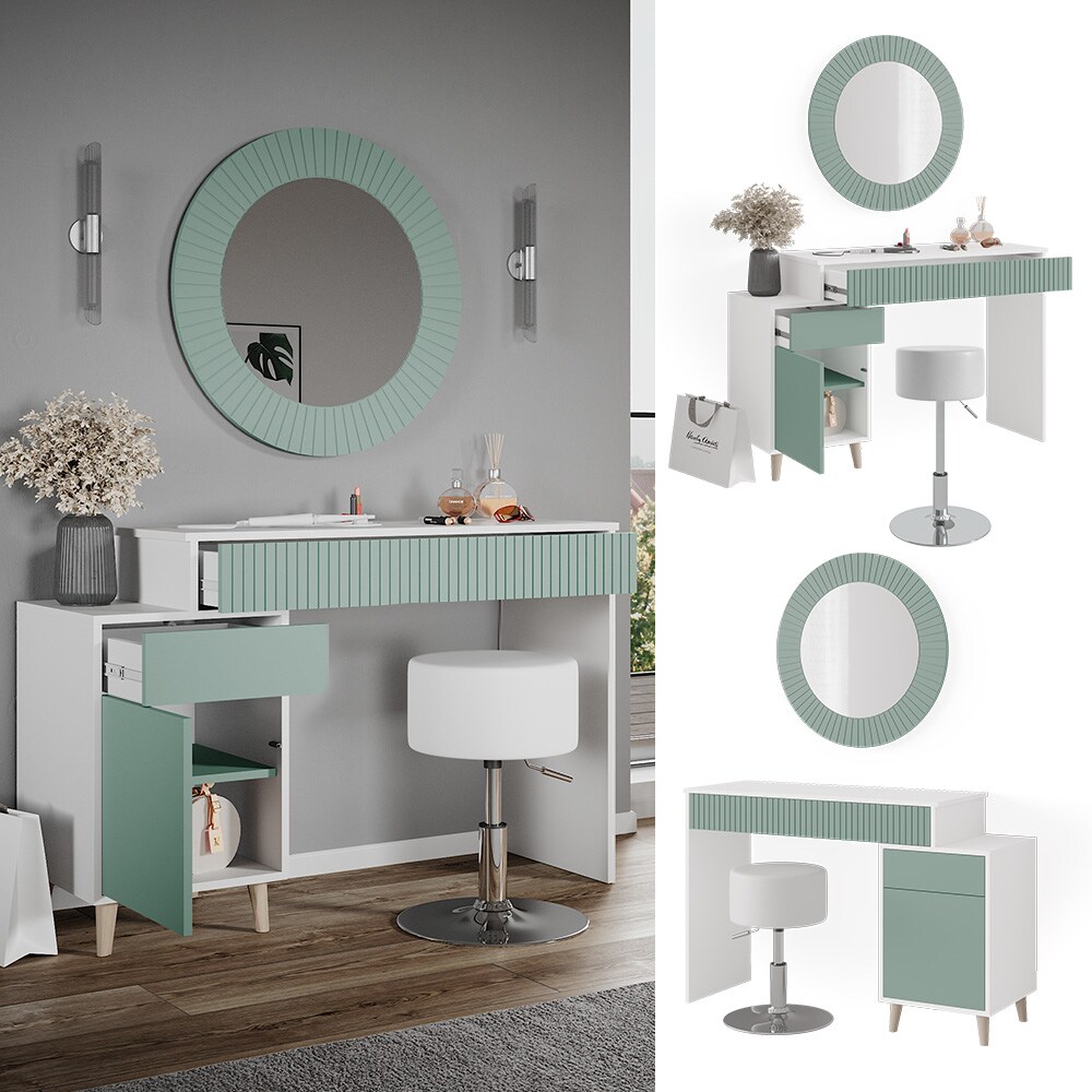Vicco Schminktisch Frisiertisch Kosmetiktisch Arles Weiß Mintgrün Schminkspiegel Hocker 120×77 cm Skandi Schlafzimmerkommode Schminkkommode Schublade Ablage Aufbewahrung Frisierkommode Make-Up-Tisch | 04066731227525