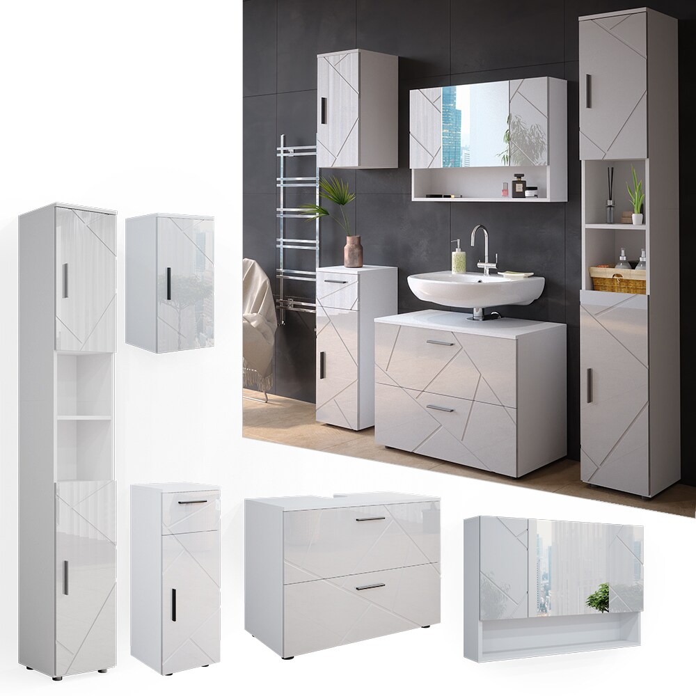 Vicco Badm&ouml;belset Irma Wei&szlig; Hochglanz modern 80 cm 30 cm Badezimmerschrank Badschrank Badezimmerm&ouml;bel Waschtischunterschrank Spiegelschrank Hochschrank Midischrank H&auml;ngeschrank T&uuml;r Schublade - Bild 1