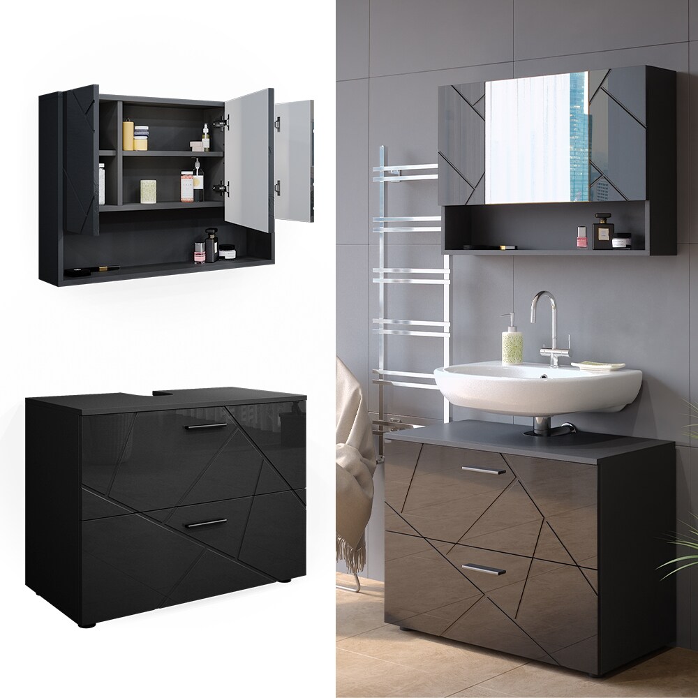 Vicco Badm&ouml;belset Irma Anthrazit Hochglanz modern 80 cm Badezimmerschrank Badschrank Badezimmerm&ouml;bel Waschtischunterschrank Spiegelschrank Schrankt&uuml;r Schrankfach Schrankschublade Ablage Aufbewahrung - Bild 1
