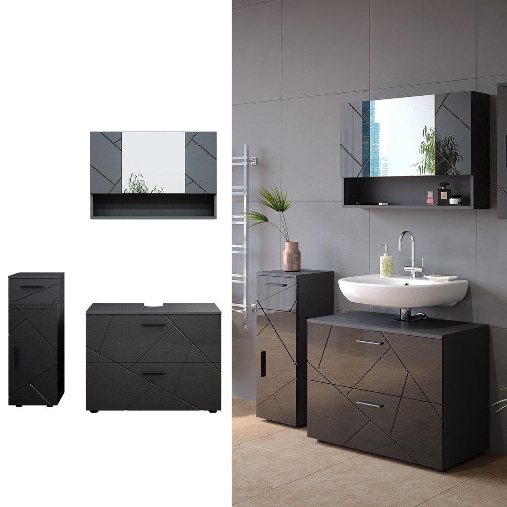 Vicco Badmöbelset Irma Anthrazit Hochglanz modern 80 cm 30 cm Badezimmerschrank Badschrank Badezimmermöbel Waschtischunterschrank Spiegelschrank Midischrank Schranktür Schrankfach Schrankschublade