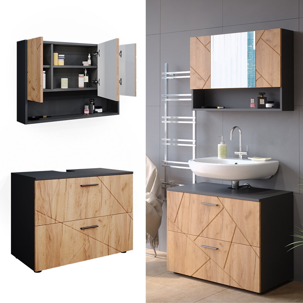Vicco Badm&ouml;belset Irma Anthrazit Eiche modern 80 cm Badezimmerschrank Badschrank Badezimmerm&ouml;bel Waschtischunterschrank Spiegelschrank Schrankt&uuml;r Schrankfach Schrankschublade Ablage Aufbewahrung - Bild 1