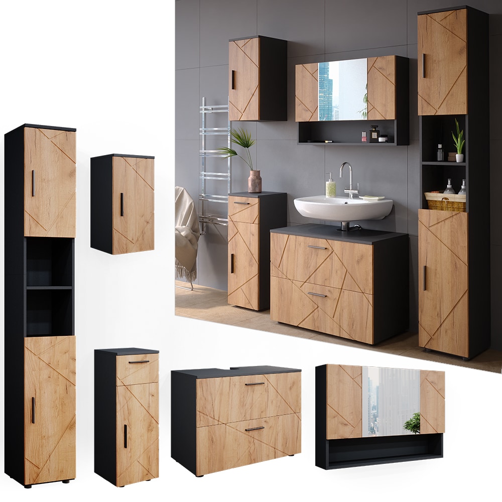 Vicco Badm&ouml;belset Irma Anthrazit Eiche modern 80 cm 30 cm Badezimmerschrank Badschrank Badezimmerm&ouml;bel Waschtischunterschrank Spiegelschrank Hochschrank Midischrank H&auml;ngeschrank T&uuml;r Schublade - Bild 1
