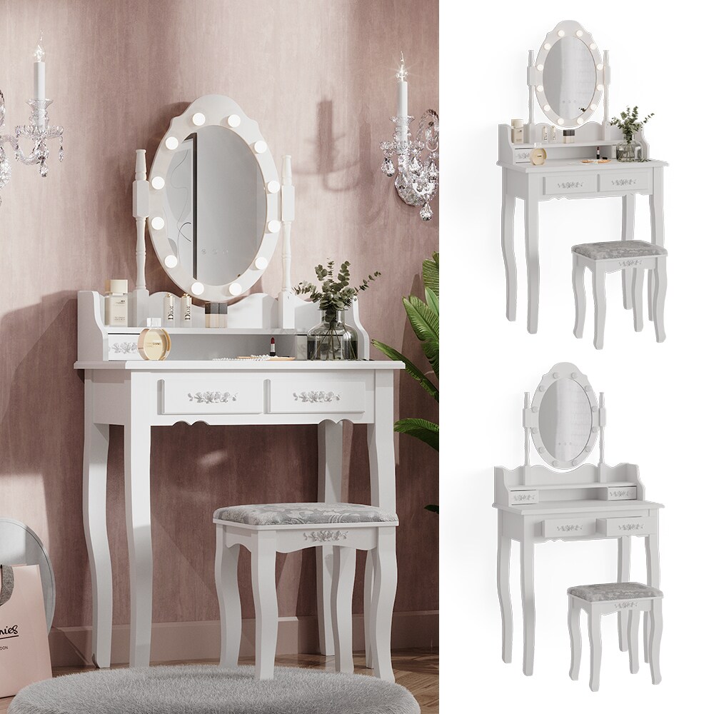Vicco Schminktisch Frisiertisch Kosmetiktisch Maggie Wei&szlig; Schminkspiegel Hocker 75x147 Barock LED Beleuchtung Schlafzimmerkommode Schminkkommode Schublade Aufbewahrung Frisierkommode Make-Up-Tisch - Bild 1