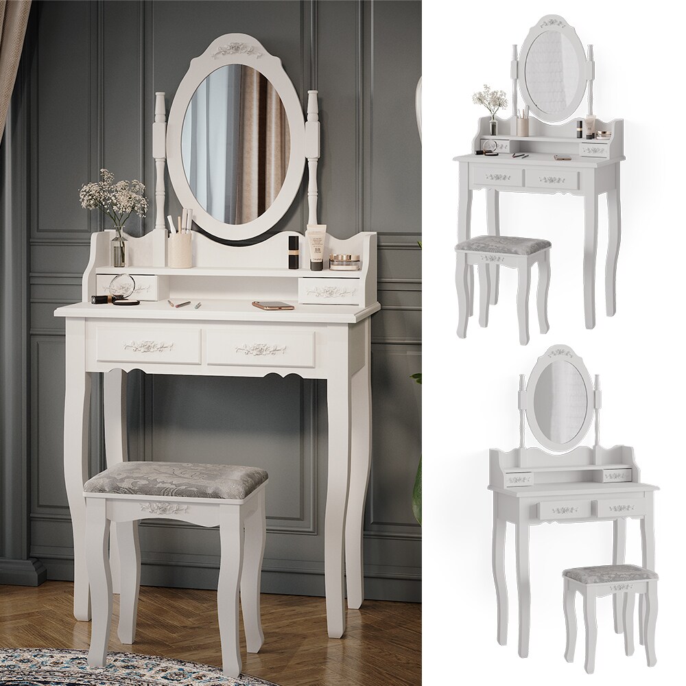 Vicco Schminktisch Frisiertisch Kosmetiktisch Meghan Weiß Schminkspiegel Hocker 75×147 Barock Schlafzimmerkommode Schminkkommode Schwenkspiegel Schublade Aufbewahrung Frisierkommode Make-Up-Tisch | 04066731230006