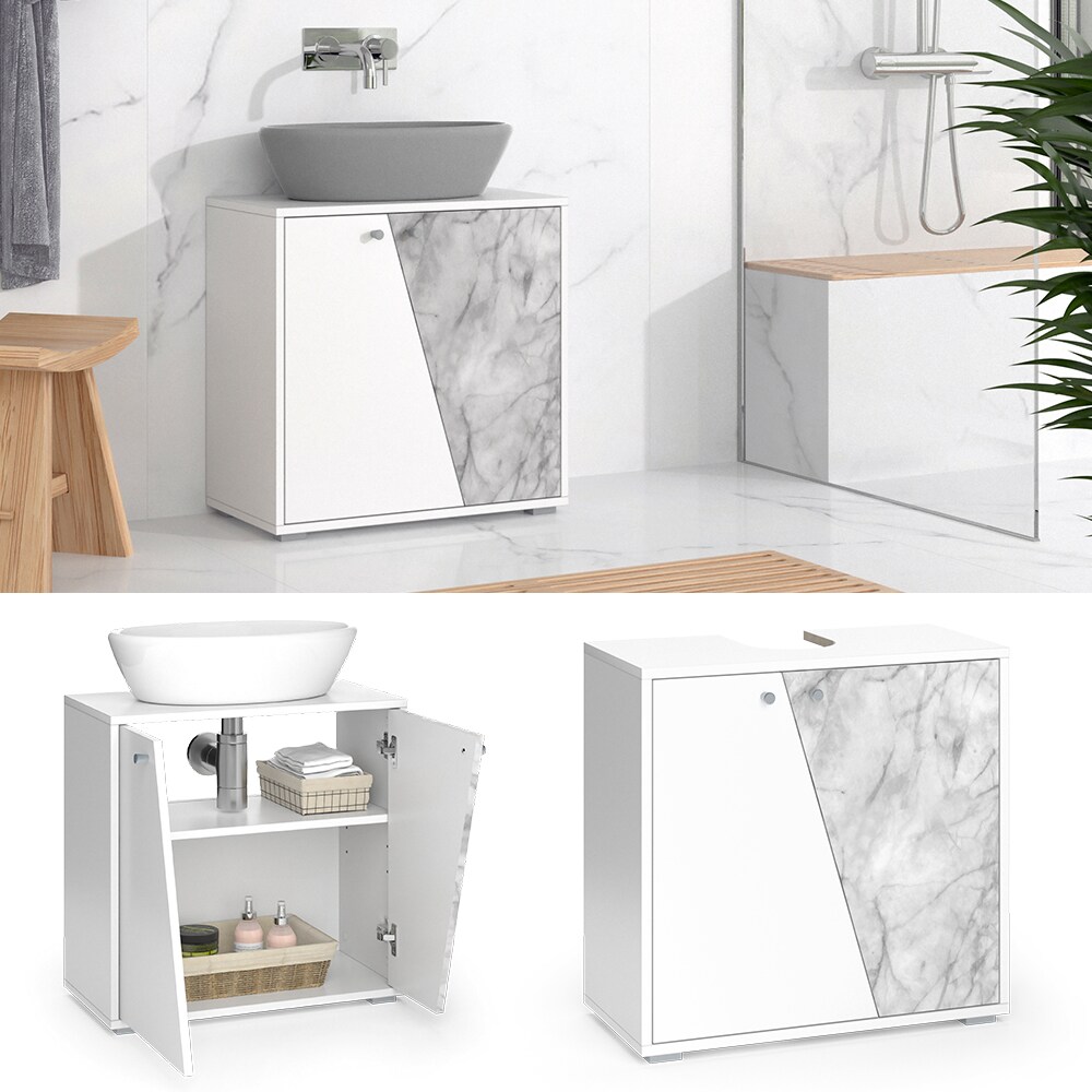 Vicco Waschtischunterschrank Waschbeckenunterschrank Badschrank Irida Wei&szlig; Marmor-Optik modern 60x59 Badezimmer Schrank Badm&ouml;bel Schrankt&uuml;r Schrankfach Ablage Aufbewahrung - Bild 1