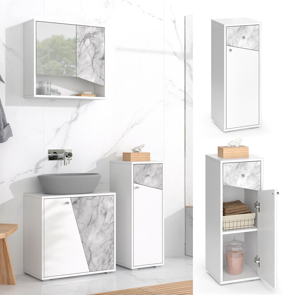 Vicco Midischrank Badschrank Badezimmerm&ouml;bel Irida Wei&szlig; Marmor-Optik modern 30x81 Badezimmer Schrank Badm&ouml;bel Schrankt&uuml;r Schrankfach Schrankschublade Ablage Aufbewahrung - Bild 1