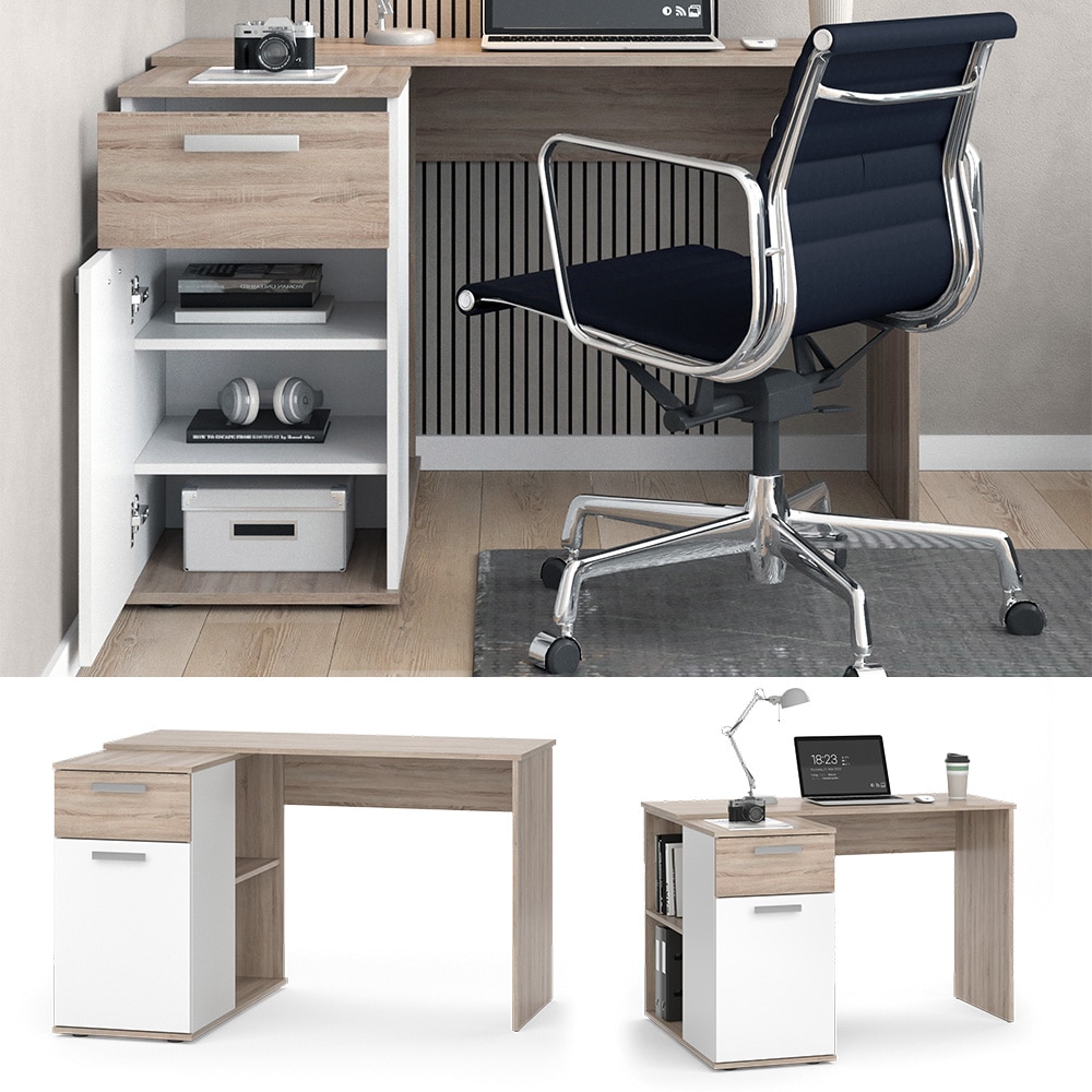 Vicco Schreibtisch Arbeitstisch B&uuml;rotisch Mamba Sonoma Wei&szlig; modern 120x75 Arbeitszimmer Homeoffice Computertisch Regalschreibtisch PC-Tisch B&uuml;rom&ouml;bel Schublade Schrankt&uuml;r Regalfach Ablage Aufbewahrung - Bild 1