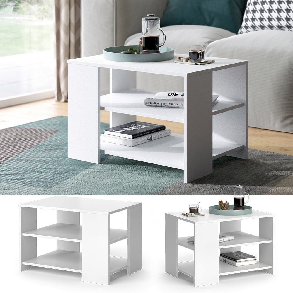 Vicco Couchtisch Eymi 70x50cm wei&szlig;, moderner Sofatisch mit Stauraum und Ablagen - Bild 1