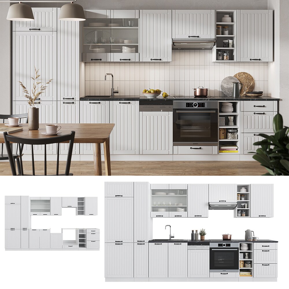 Vicco K&uuml;chenzeile K&uuml;chenblock Einbauk&uuml;che Fame-Line Landhaus Wei&szlig; 355 cm Sp&uuml;lenunterschrank Herdumbauschrank Schubunterschrank H&auml;ngeschrank K&uuml;hlumbauschrank Apothekerhochschrank - Bild 1