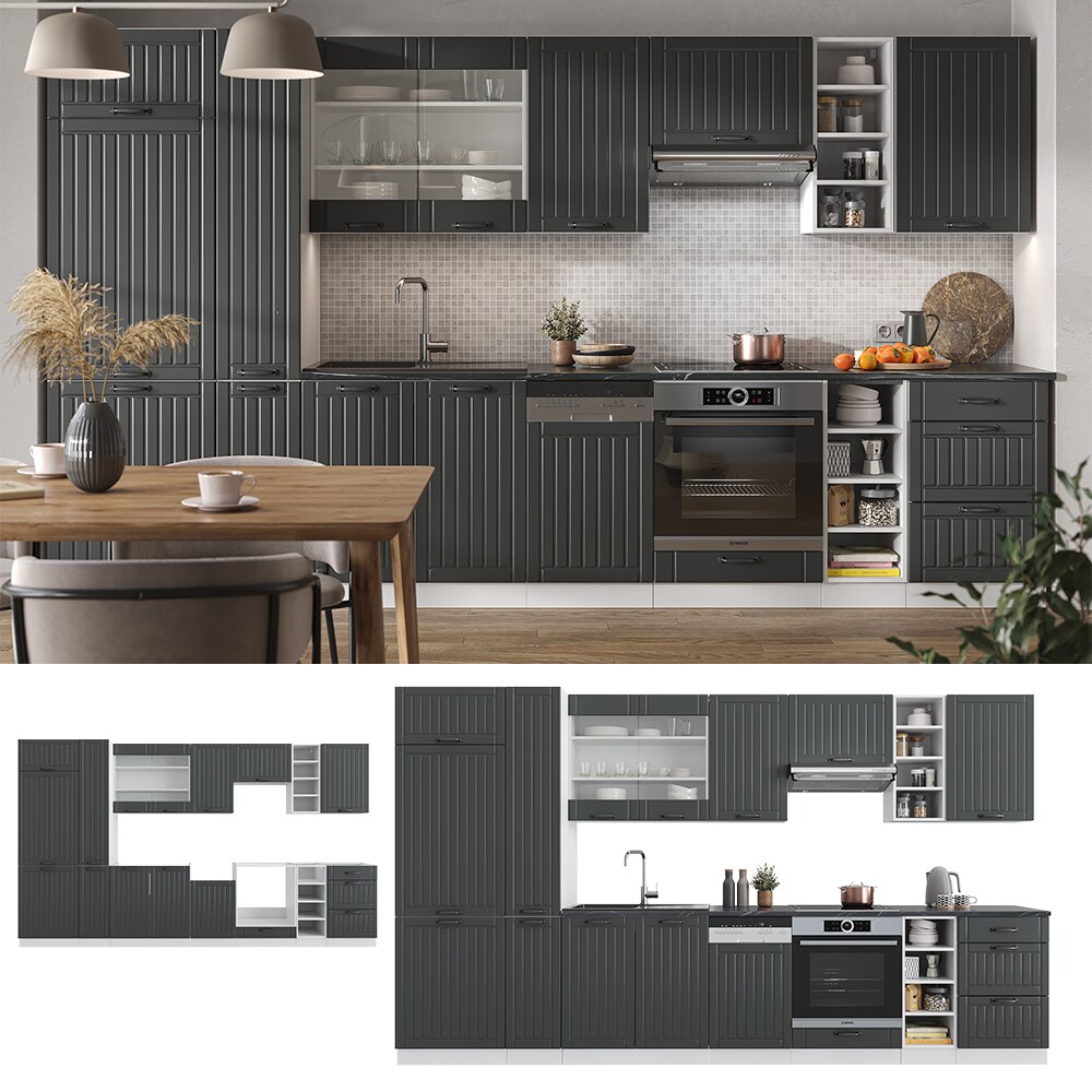 Vicco K&uuml;chenzeile K&uuml;chenblock Einbauk&uuml;che Fame-Line Landhaus Wei&szlig; Dunkelgrau 355 cm Sp&uuml;lenunterschrank Herdumbauschrank Schubunterschrank H&auml;ngeschrank K&uuml;hlumbauschrank Apothekerhochschrank - Bild 1