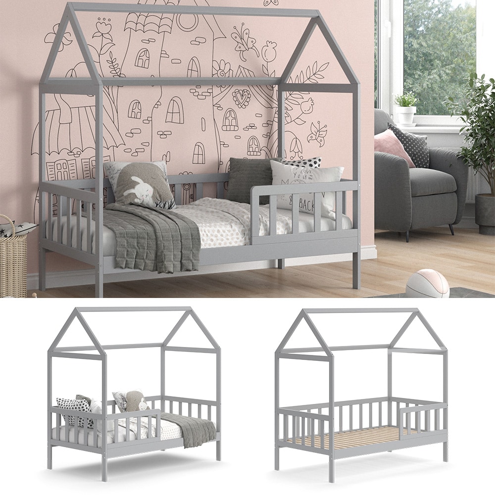 VitaliSpa Hausbett Kinderbett Kinderhaus Liz Grau modern 167x165 cm Kinderzimmer Bett Bettenhaus Juniorbett Einzelbett Rausfallschutz Massivholz Lattenrost - Bild 1
