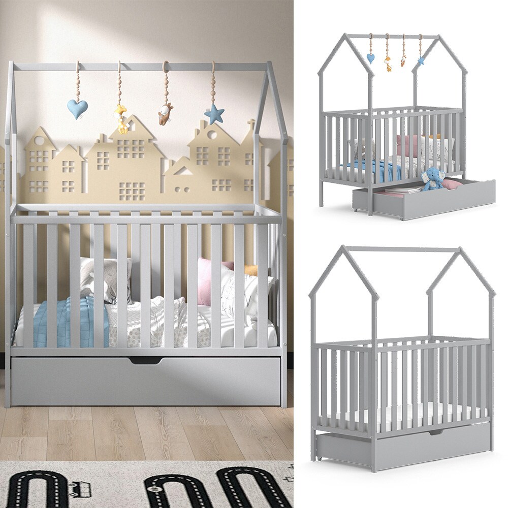 VitaliSpa Babybett Babygitterbett Gitterbettchen Lizy Grau 120x60 Matratze Schublade modern Kinderbett Juniorbett Hausbabybett Kleinkindbett Einzelbett Kinderzimmer Bett Massivholz Lattenrost - Bild 1