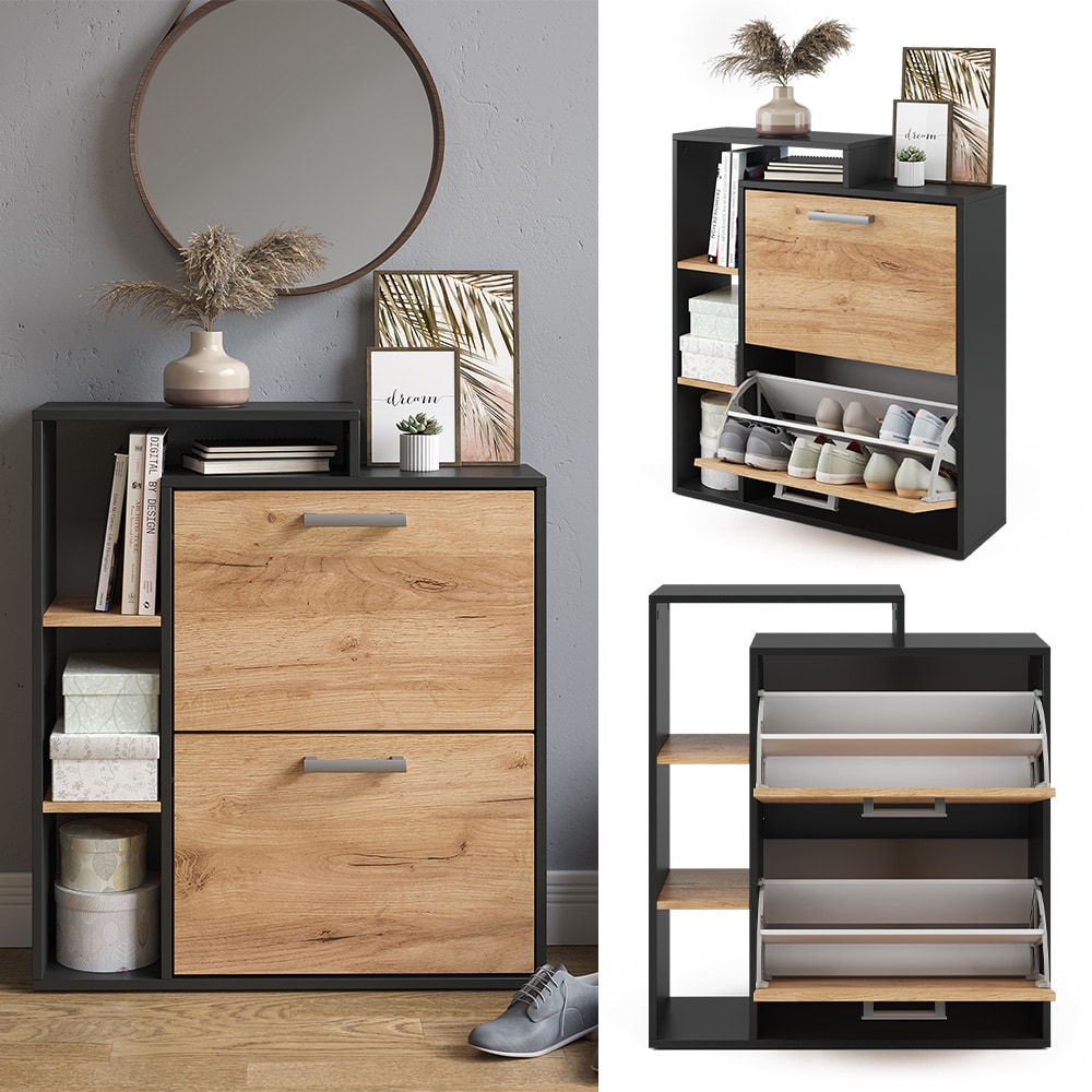 Vicco Schuhkipper Schuhregal Schuhschrank Orlando Eiche Anthrazit 80x90 modern Flur Schrank Flurregal Schuhorganizer Schuhablage Flurm&ouml;bel Schrankt&uuml;r Schrankfach Ablage Aufbewahrung Schuhtrommel - Bild 1
