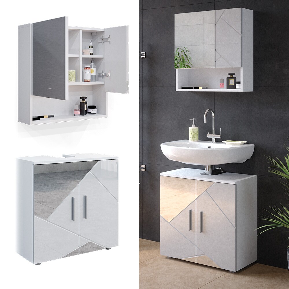 Vicco Badm&ouml;belset mit Dekospiegeln Irma Wei&szlig; Hochglanz modern Badezimmerschrank Badschrank Badezimmerm&ouml;bel Waschtischunterschrank Spiegelschrank Schrankt&uuml;r Schrankfach Schrankschublade - Bild 1