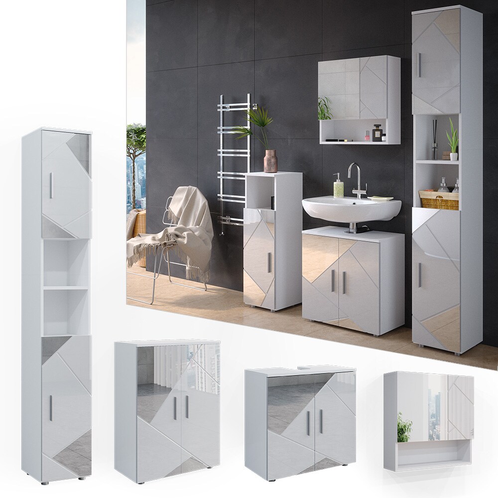 Vicco Badmöbelset mit Dekospiegeln Irma Weiß Hochglanz modern Badezimmerschrank Badschrank Badezimmermöbel Waschtischunterschrank Spiegelschrank Hochschrank Kommode Schranktür Schrankschublade