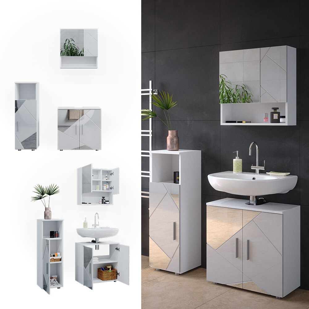 Vicco Badmöbelset mit Dekospiegeln Irma Weiß Hochglanz modern Badezimmerschrank Badschrank Badezimmermöbel Waschtischunterschrank Spiegelschrank Midischrank Schranktür Schrankfach Schrankschublade | 04066731228317