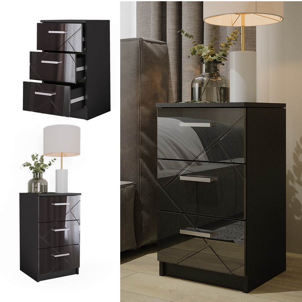 Vicco Nachtkommode Nachttisch Nachtschrank Irma Schwarz Hochglanz 38x66 modern 2er Set Schlafzimmer Schrank Beistellschrank Nachtkonsole Nachttischchen Schrankschublade Schlafzimmerm&ouml;bel Aufbewahrung - Bild 1