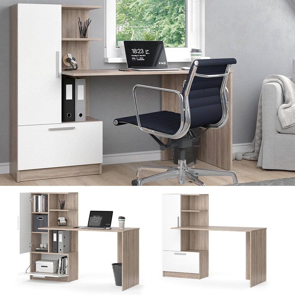 Vicco Arbeitstisch Schreibtisch Bürotisch Tomy Sonoma Weiß 150x120 modern Computertisch PC-Tisch Arbeitszimmer Homeoffice Büromöbel Computermöbel Schrankschublade Schranktür Regalanbau
