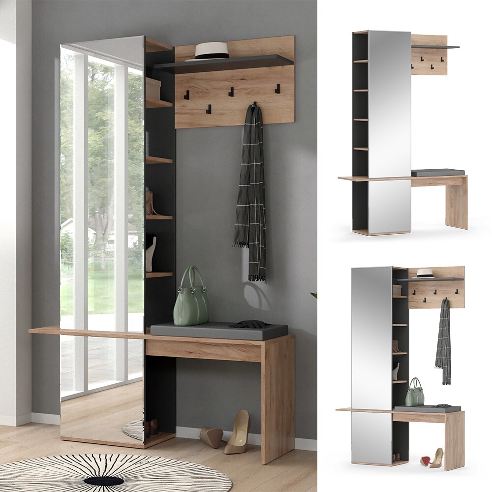 Vicco Flurgarderobe Dielengarderobe Garderobe Adeline Eiche Anthrazit Modern Sitzbank 120×190 cm Schlafzimmer Garderobenspiegel Kleiderhaken Garderobenablage Fach Regal | 04066731230044