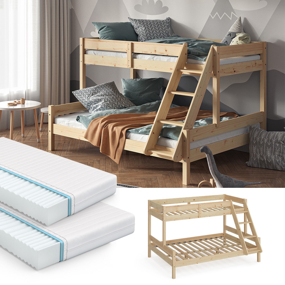 VitaliSpa Hochbett Kinderbett Spielbett Everest Natur modern 140x200 Massivholz Kinderzimmer Bett Lattenrost Bettleiter Kletterbett Doppelbett Geschwisterbett Matratze - Bild 1