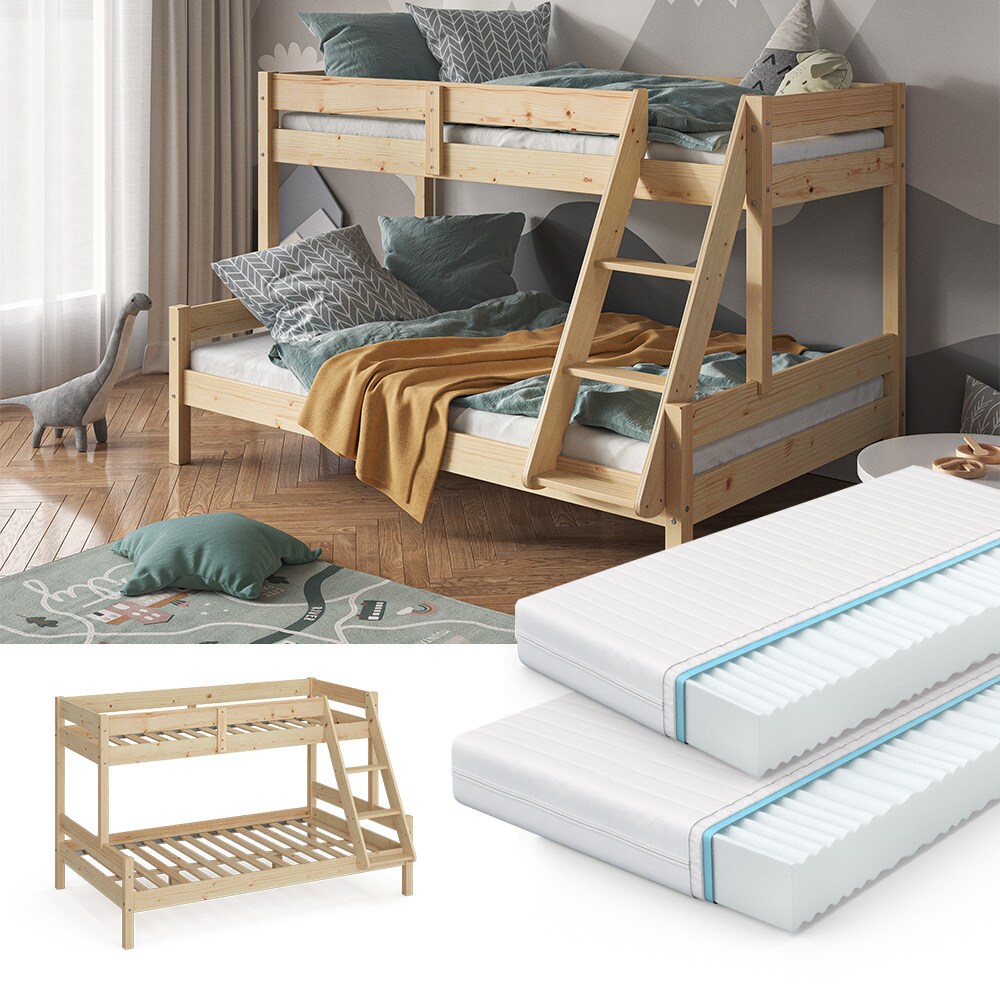 VitaliSpa Hochbett Kinderbett Spielbett Everest Natur modern 120x200 Massivholz Kinderzimmer Bett Lattenrost Bettleiter Kletterbett Doppelbett Geschwisterbett Matratze
